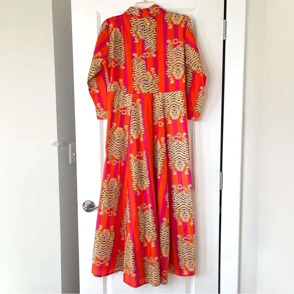 Guadalupe Luciana Tibet Tiger Stripes Hand Block Print Pure Indian Cotton Dress - Picture 7 of 16